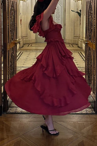 Backless hollow ruffled pleated maxi dress