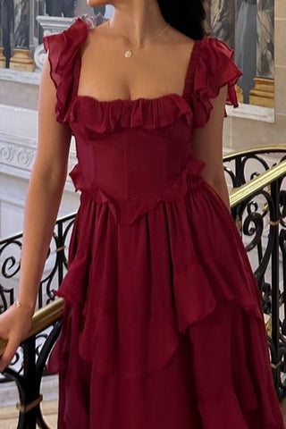 Backless hollow ruffled pleated maxi dress