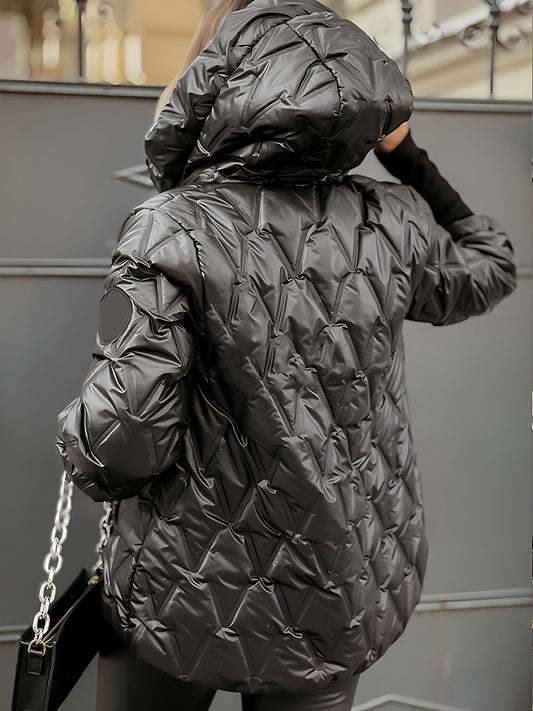 Hooded Long-sleeved Autumn and Winter Diamond Patchwork Cotton Jacket