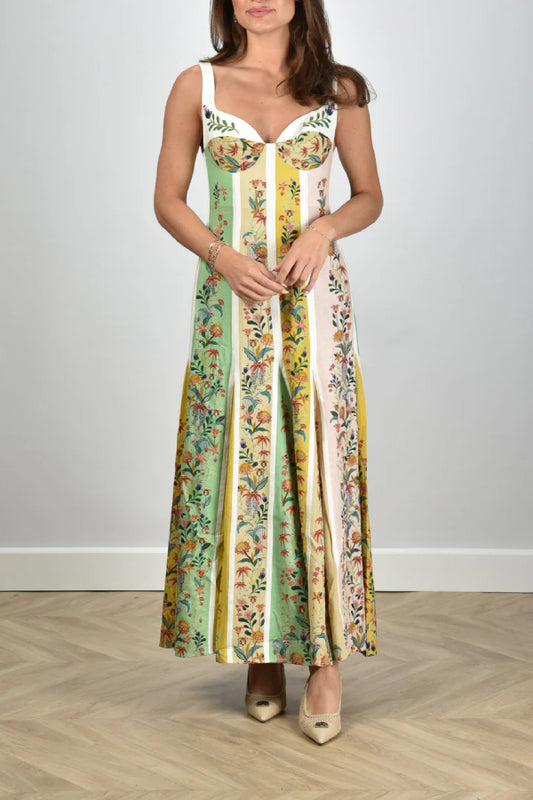 Sweet Garden Linen Blend Color Block Floral Paneled Maxi Dress