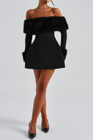 Fur collar Off Shoulder A-line dress