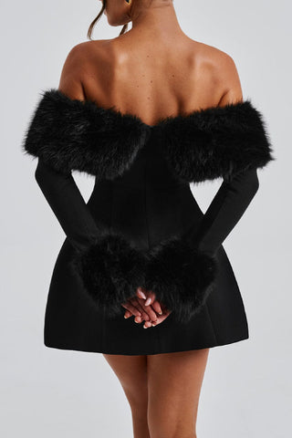 Fur collar Off Shoulder A-line dress