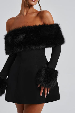 Fur collar Off Shoulder A-line dress