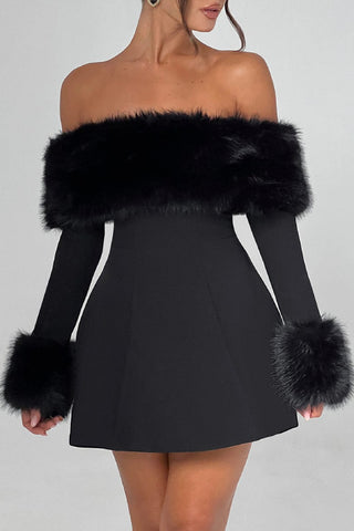 Fur collar Off Shoulder A-line dress